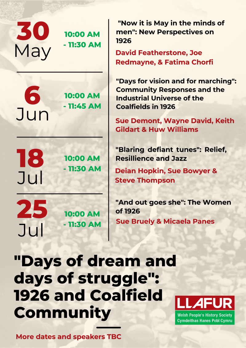 Poster showing the dates, topics and times of Llafur summer series events