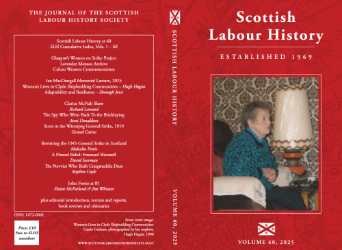Cover of Scottish Labour History v. 60 - Cassie Graham, in her 80s, sitting in her living room, reminisces about her life as a woman in a Clyde shipbuildng community